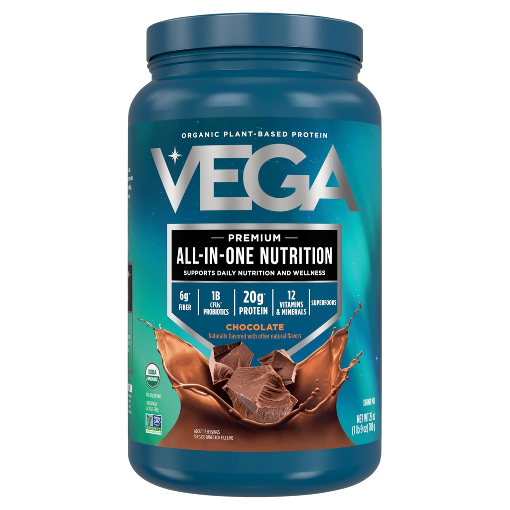 Vega Organic All-in-One Vegan Proteine pulbere, Ciocolata - Ingrediente Superalimentare, Vitamine pentru Suport Imunitate, Keto Friendly, Proteina Pea pentru Femei & Men, 25 Oz (Packaging May Vary)