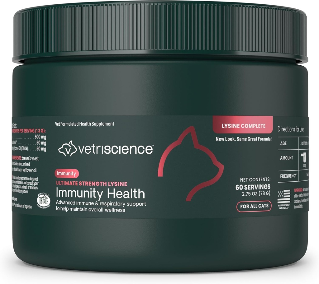 VetriScience Ultimate Putere Lysine Imunity Pudră de sănătate pentru pisici și pisici, Supliment pentru alergie și suport nazal, Strănut, Runny Nase & Watery Eyes, Chicken & Cheese Flavor, 60 Conte -New Look