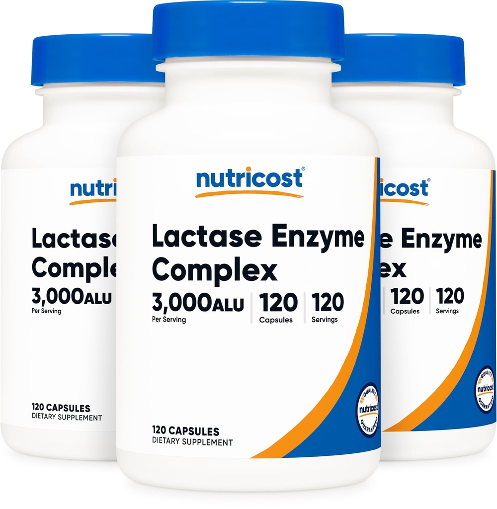 Nutricost Lactase Enzime Complex 3000 FCC ALU, 120 Capsule Veggie - non-GMO, Gluten Free, 120 Serviri (3 flacoane)