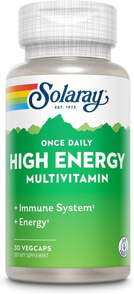 SOLARAY O dată pe zi de energie mare Multivitamine pentru femei și bărbați - Suplimente energetice - Suport imunitar w/Vitamina C, A, D și E, Complex vitamina B, Trace Minerale, 60-Day Guarantee, 30 Serv, 30 VegCaps