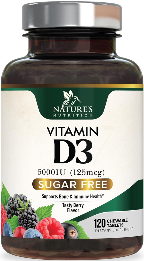 Vitamina D3 5000 UI (125 mcg) Suplimentul de vitamina D al naturii, care poate fi masticabil pentru menţinerea sănătăţii imune - Suplimente osoase, dinţi şi musculare - fără zahăr, fără GMO, fără gluten - 120 comprimate de numărare