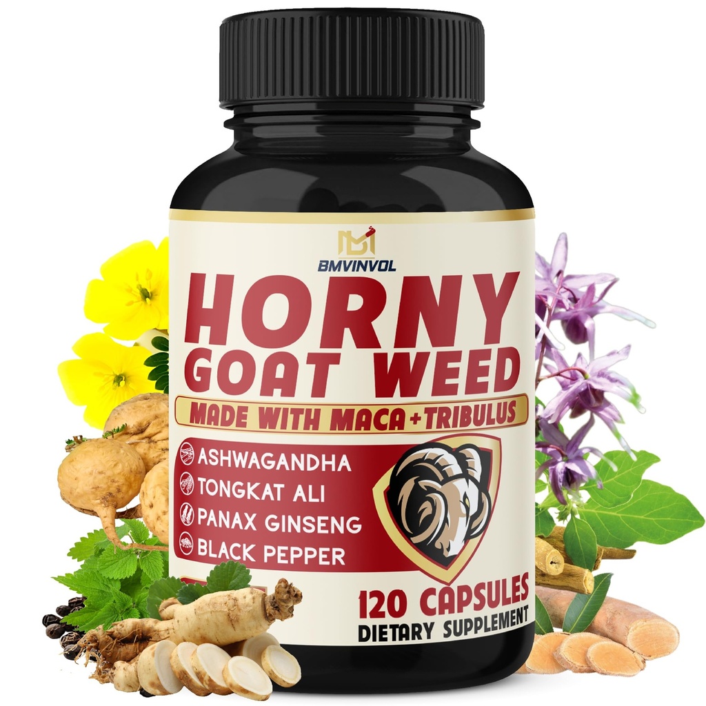BMVINVOL Horny Goat buruieni pentru bărbați și femei cu Maca, Tribulus, Ginseng, Ashwagandha, Tongkat Ali - 120 capsule pentru 4 luni de aprovizionare