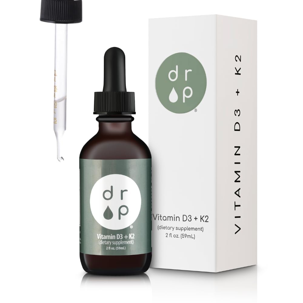 Vitamina D3 + K2 picături cu 1000 UI de plante pe bază de D3 și 45 mcg de K2, 2 oz supliment lichid pentru rezistența osoasă, îmbunătățirea stării de spirit - fără conservanți artificiali, fără aromă, cu ulei de cocos MCT