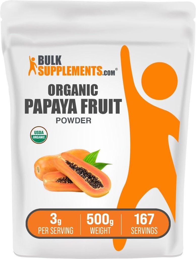 BulkSupplements.com Pudră organică de fructe Papaya - Pulbere de aromă, Sursă de fructe Carica Papaya - Gluten gratuit, 3g per Serving, 500g (1.1 lbs) (Pachet de 1)