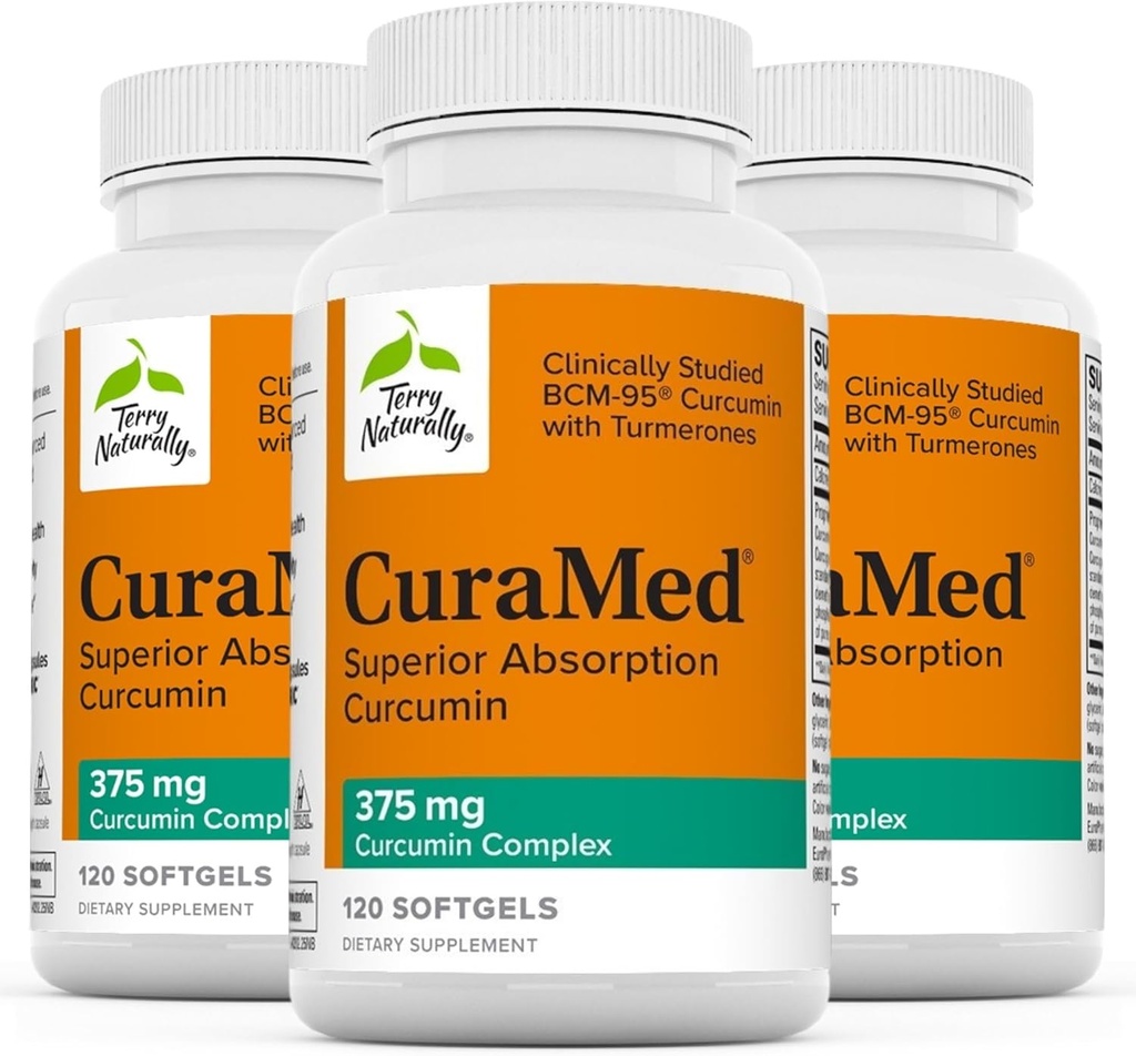 Terry Natural Curamed 375mg - Supliment antioxidant pentru Brain & Imun - Supliment alimentar cu Curcumin & Ulei Essential Turmeric - Suport Ficat Herbal - 120 Softgels (Pachet de 3)