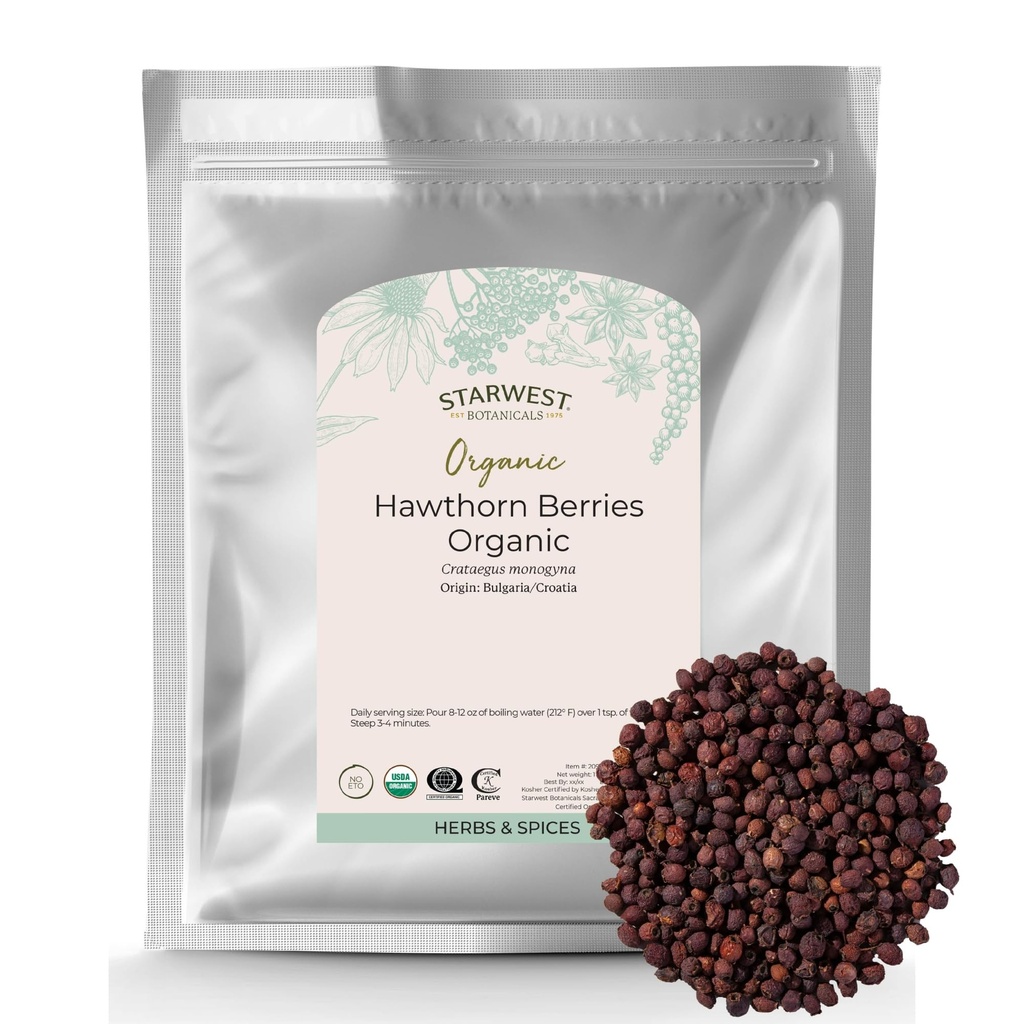 Starwest Botanicals Organic Hawthorn Berries Whole - Deshidratat Leaf Herb pentru ceai, Jam, & Extracte de plante, Natural Digestion Support, Certified Kosher, Non-GMO - vrac 1 lb Bag