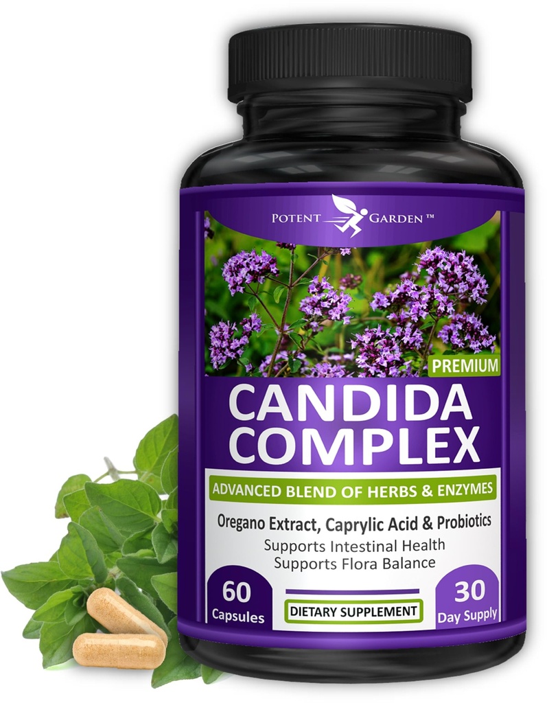 Gradina potenta Complex Candida - Oregano si acid caprilic Blend, Complexul de echilibru Flora Gut, Suport Intestinal Sanatate si Imuna cu Herbs & Probiotice, Suplimente de sanatate pentru Femei & Barbati 60 Conte