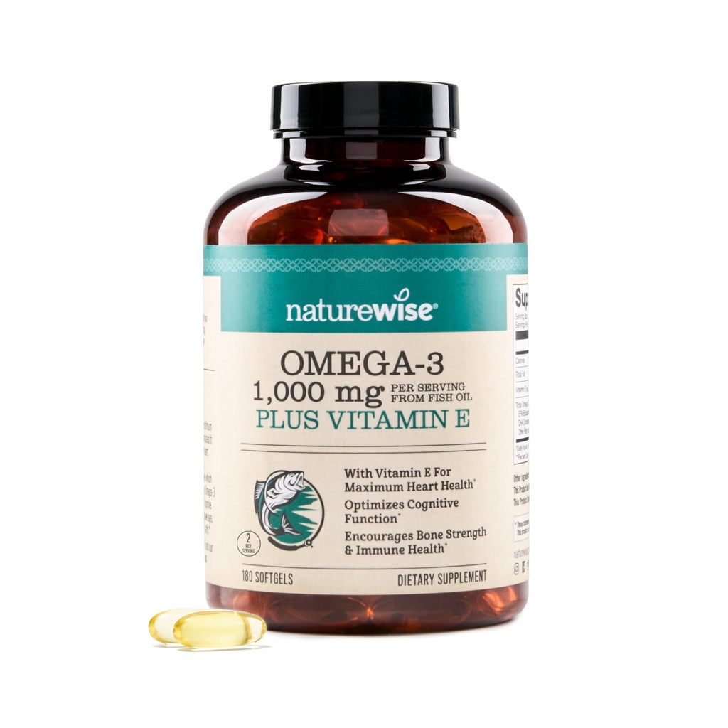 NatureWise Extra-Forngth Omega 3 Suplimentul de ulei de pește - 1000 mg per Serving - 600 EPA & 400 DHA și vitamina E - Sprijin pentru inima și sănătatea creierului - Aroma de lamaie, OMG-free - 180 Softgels[3-Lonth Supply]