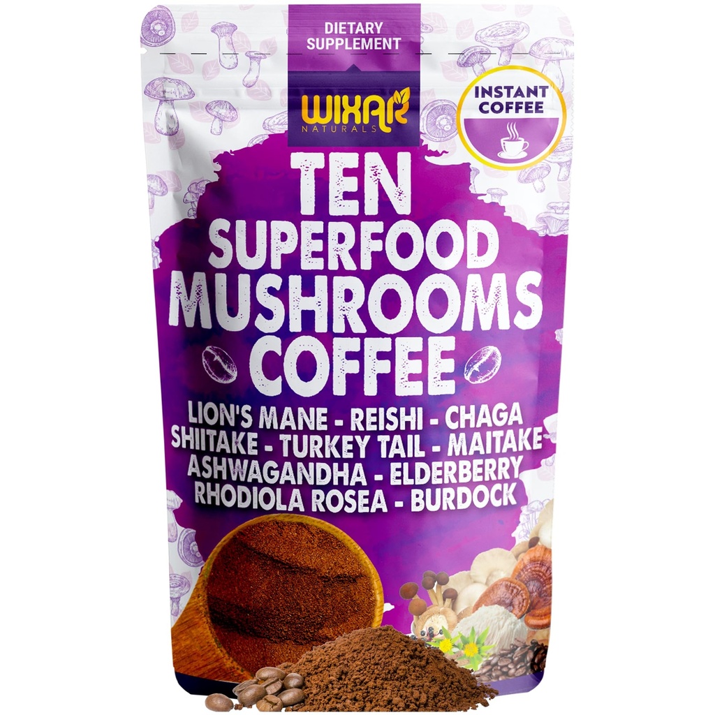 Cafea Superfood WIXAR - Praf de cafea instant, Zece extracte Superalimentare cu Coama Leului, Coaja Curcanului, Reishi, Chaga, Shiitake, Ashwagandha, Rhodiola Rosea, Elderberry, 5oz supliment de ciuperci