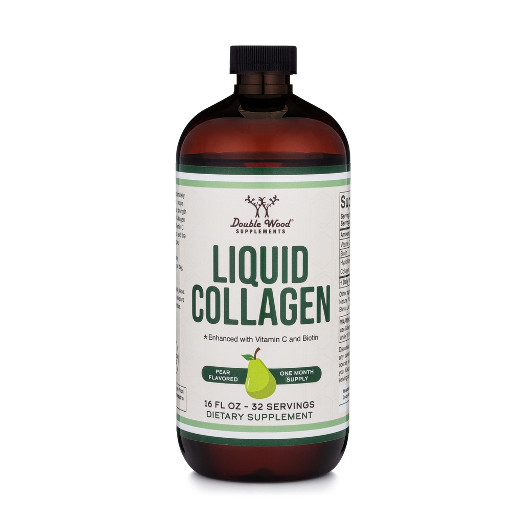 Suplimente de lemn dublu Colagen lichid - 2500 mg de Colagen de bovine hidrolizate (tip 1, 3 și Grassfed) - 32 Serviri - pentru femei și bărbați - 30 mcg de Biotin - Aroma de pere fără zahăr