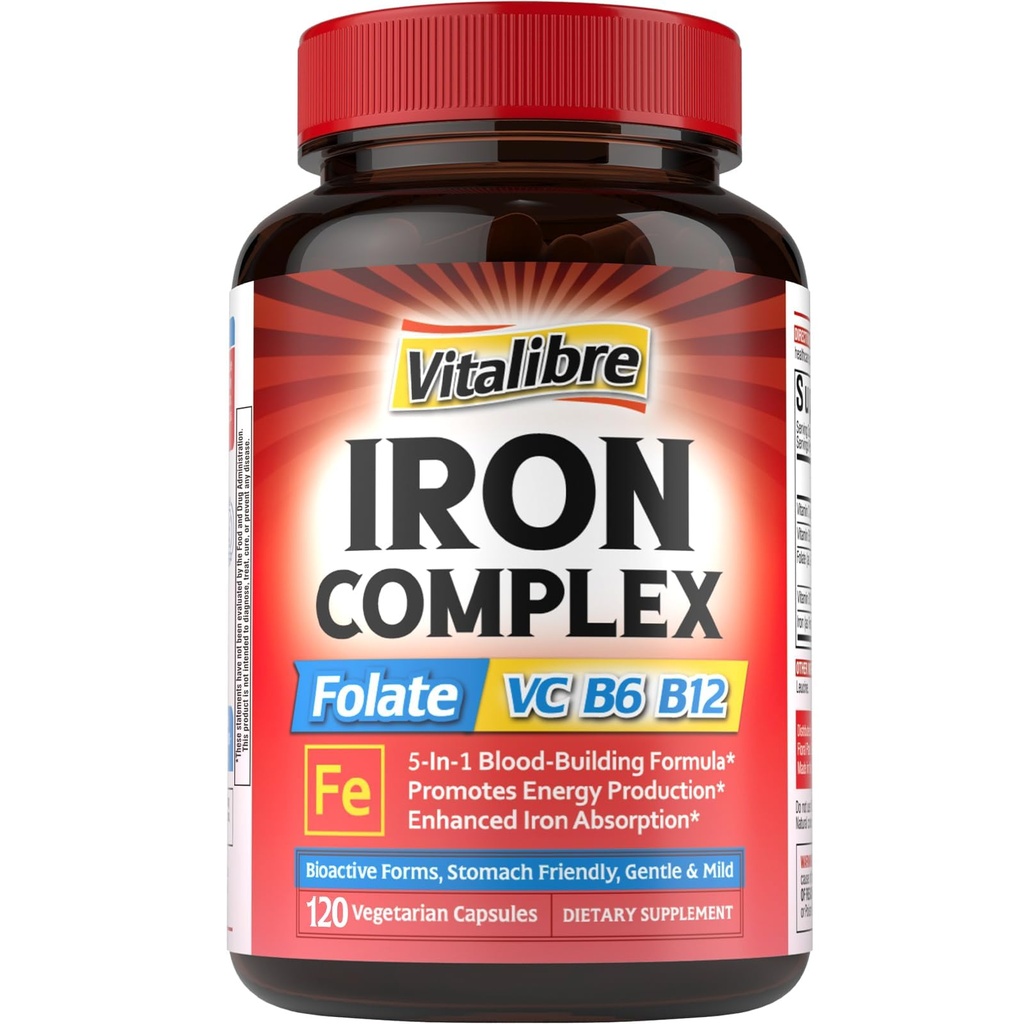 Supliment de fier pentru femei si barbati, cu vitamine C, B6, B12 & Folate pentru deficit de fier, Blood Building & Energy Support, Stomac prietenos, o mai buna absorbtie, non-GMO, No Gluten,120 Vegan Caps
