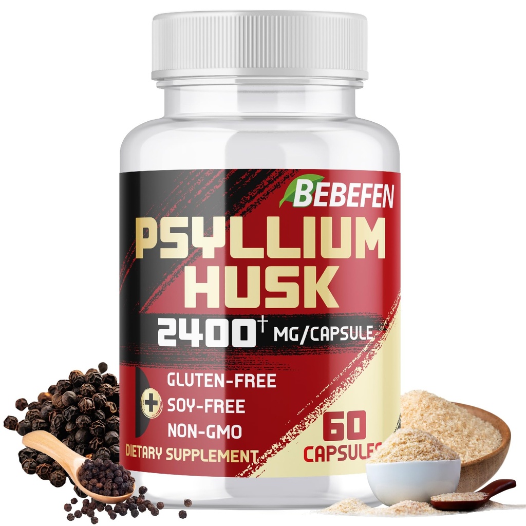 BEBEFEN Psyllium Husk Capsule 2400 mg cu Pepper negru - 2 lună de aprovizionare - Daily Soluble Fiber for Gut Health - non-GMO și Gluten-Free Formula