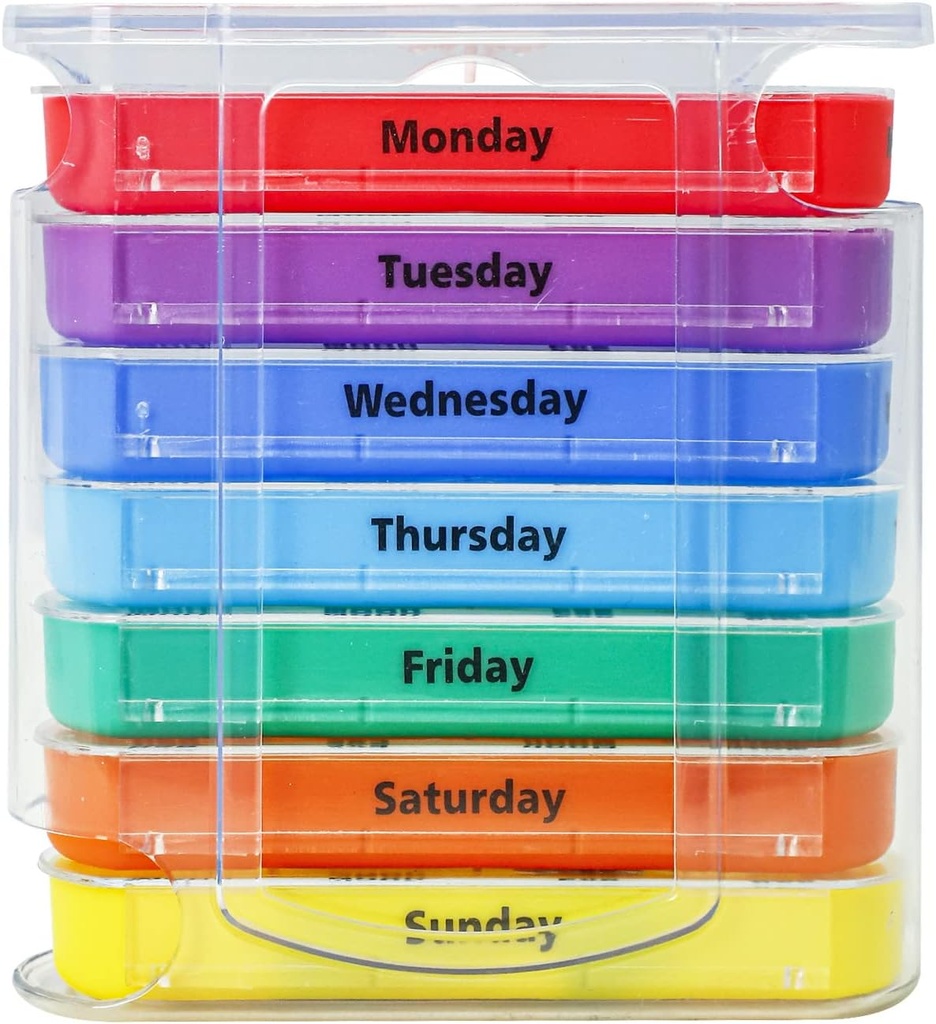 Organizator săptămânal de pastile pentru 1 zi 4 Times Supply,KIGI 7 zile Stackable Pilula Dispenser Vitamine Containere (Rainbow)