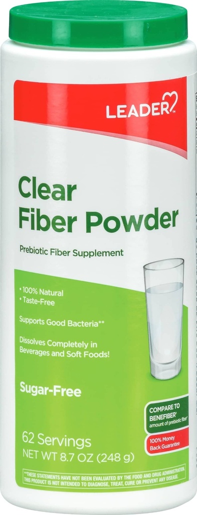 Leader Prebiotic Fiber Supplement Powder for Digestive Health, 100% Natural Daily Fiber Powder, Sugar-Free, Gust-Free, Gluten Free, Non-GMO, Unflavored, 62 Servings (8.7 OZ) (Pachet de 1)
