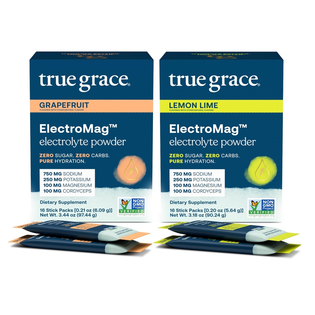 True Grace ElectroMag - Grapefruit (16 cutii cu stick) + Lămâie (16 cutii cu stick) - Pulbere electrolitică pentru hidratare rapidă - Zero zahăr și carbohidrați - Non-GMO - 32 Serviri totale