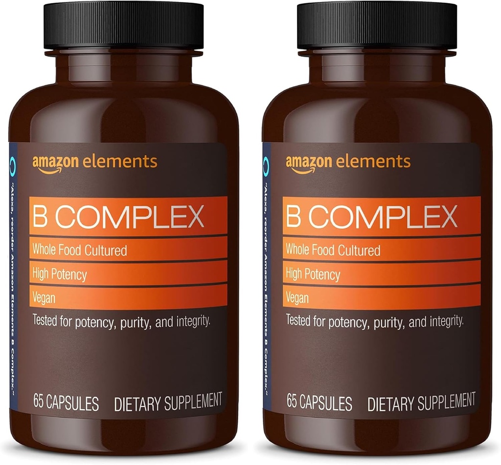 Elemente B Complex, potenta ridicata, 83% intreaga mancare cultivata, sustine metabolismul imunitar si normal al energiei, Vegan, 65 capsule, 2 luni de aprovizionare (Pachet mai Vary) (Pachet de 2)