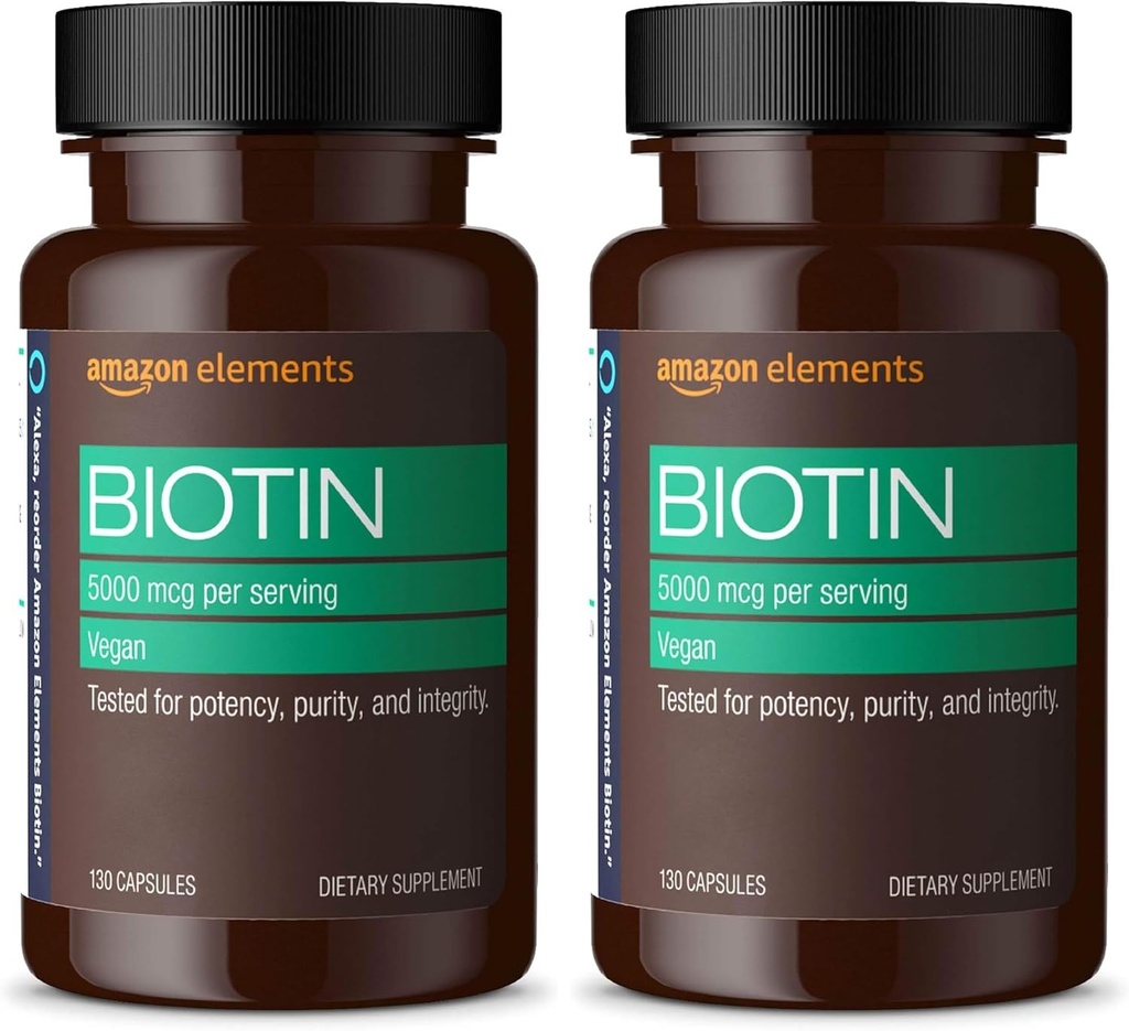 Elemente Vegan Biotin 5000 mcg - păr, piele, unghii, 130 capsule (4 lună de aprovizionare) (Pachet mai Vary) (Pachet de 2)