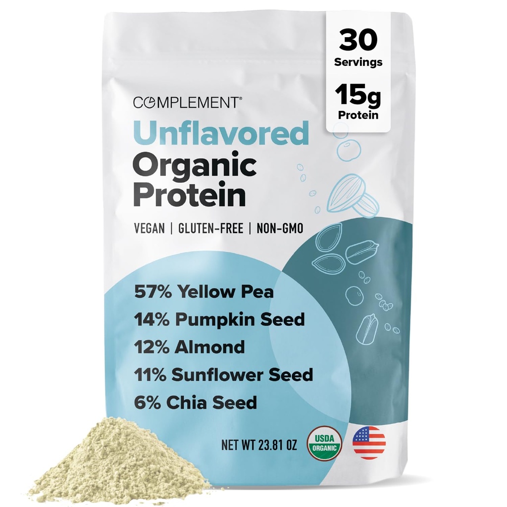 Complement Organic Unflavored Pudra de proteine Vegane (30 Servings) Carb scăzut, Calorie scăzut, Zahăr gratuit, Soy gratuit, non-GMO, Gluten gratuit, Nelapte-Aluat de mazăre galbenă, Seminte de dovleac- 15g de plante pe bază de proteine pulbere
