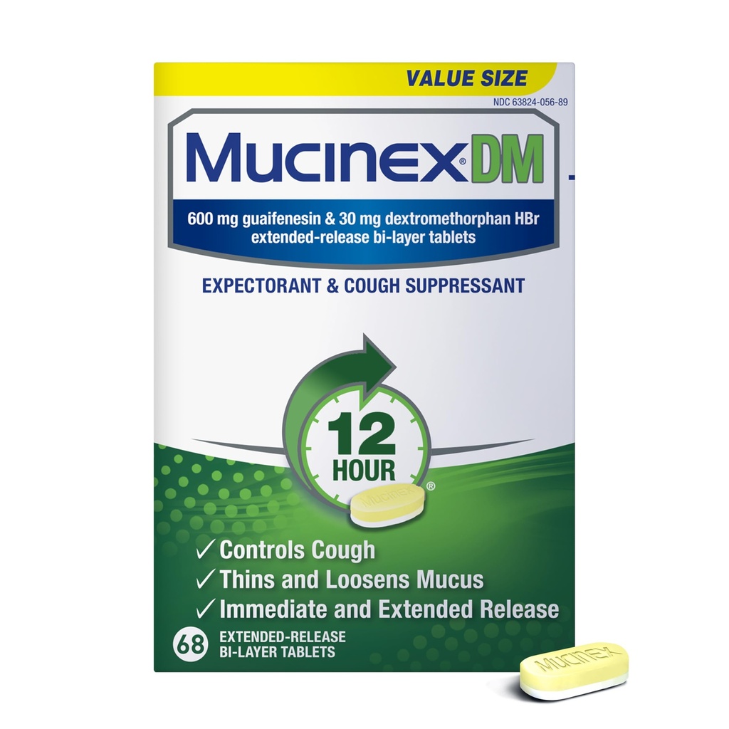 Mucinex DM 12Hr Congestia toracică & medicament de tuse pentru adulți, Rece și medicament de tuse pentru exces de Mucus Relief, 600 mg Guaifensin & 30 mg Dextrometorfan HBR, 68 Bi-Layer comprimate