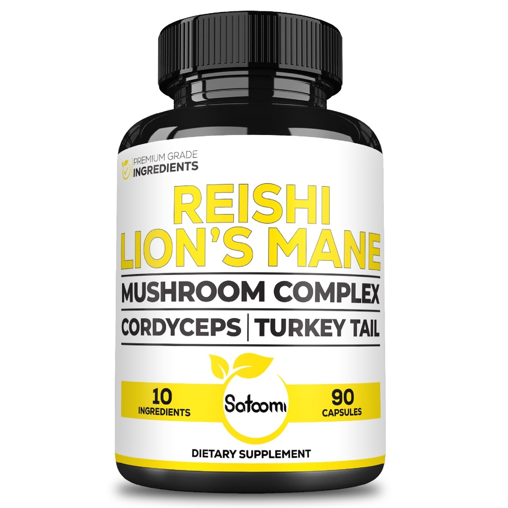Satoomi Reishi Supliment Complex 5000Mg - 10in1 Combinat cu Lions Mane, Cordyceps Sinensis, Chaga Mushroom & Altele - 90 Capsule pentru 3 luni