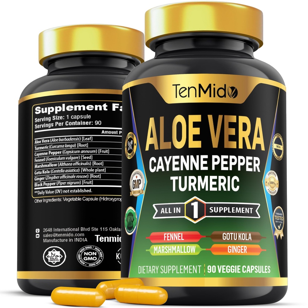 Aloe Vera Capsules Supliment - 8in1 Formula - Combinați cu Turmeric, Cayenne Pepper, Marshmallow, Fennel, Gotu Kola, Ginger, și Black Pepper - 90 capsule pentru 3 luni de aprovizionare