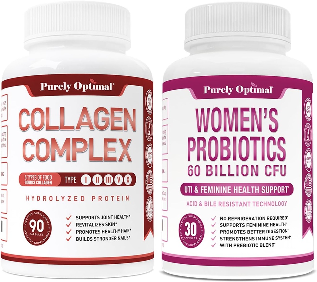 Capsulele multicolagen peptide Premium pur optimizate (tipurile I, II, III, V, X) + Probiotice Premium pentru femei - 60 miliarde CFU, dr. Prebiotice și probiotice pentru femei