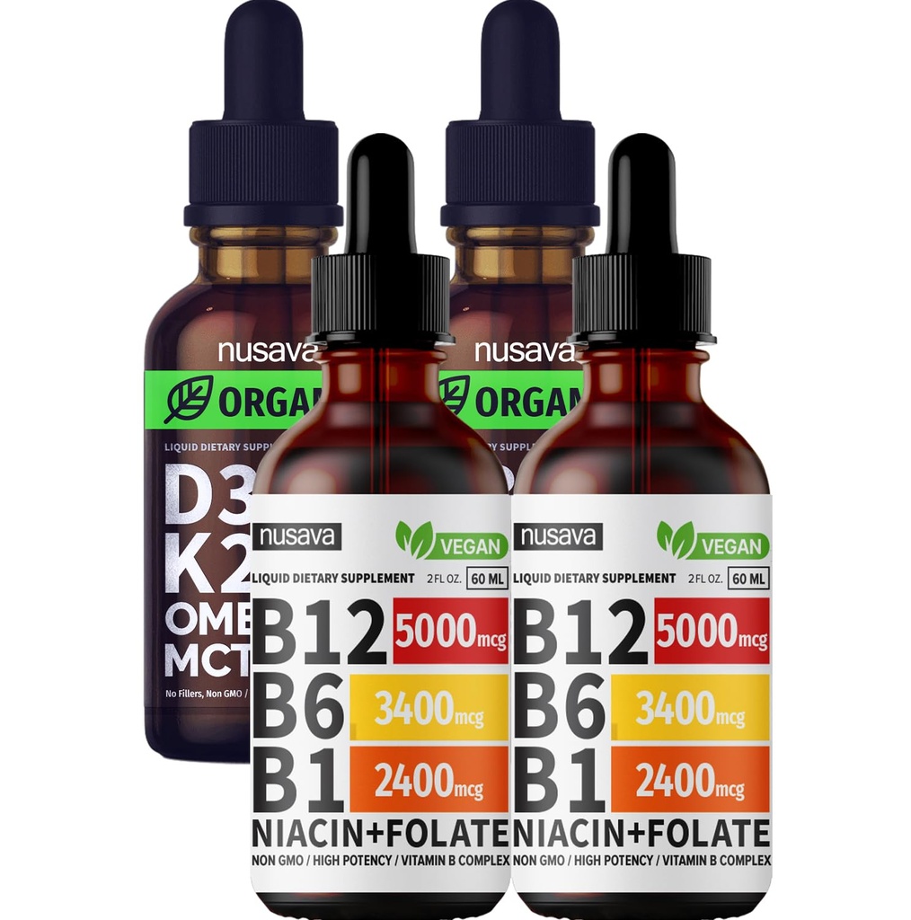 Nusava Vitamina B12 Picături lichide și nearomat D3 K2 Bundle - Vitamine lichide potente pentru inimă, articulație, energie, și suport imunitar - non-GMO, gluten-free, 2pk Fiecare