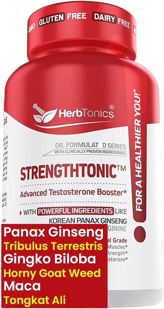 Herbtonics Testosteron Supplement de suport pentru bărbaţi - Coreeană Panax Ginseng & Tribulus Terrestris - Sprijină Energie sănătoasă, Putere & Rezistenţă - 60 Capsule Vegane