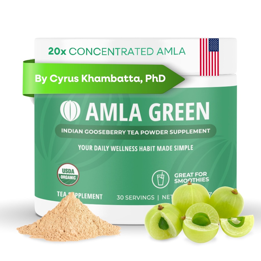 Amla Powder & Green Tea Superfood Supplement, 20x Ultra concentrat Amla, suport antioxidant, Made with Oolong Tea and Indian Gooseberries, Organic, Vegan, Classic Flavor, 30 Servings