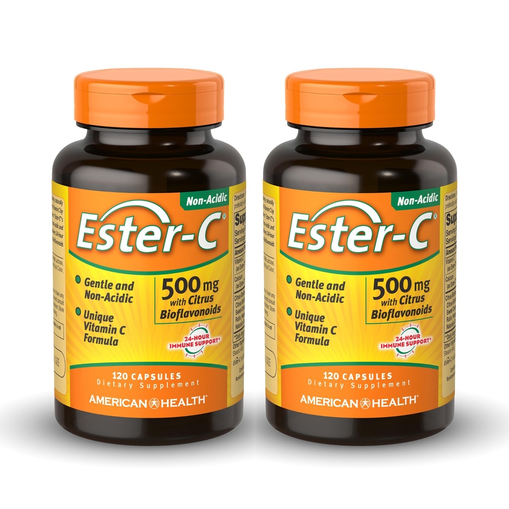 American Health Ester-C 500 mg cu Citrus Bioflavonoids - 120 capsule (Pachet de 2) - 24-Hour Immune Support - non-GMO, Gluten Free - 120 Total Servings