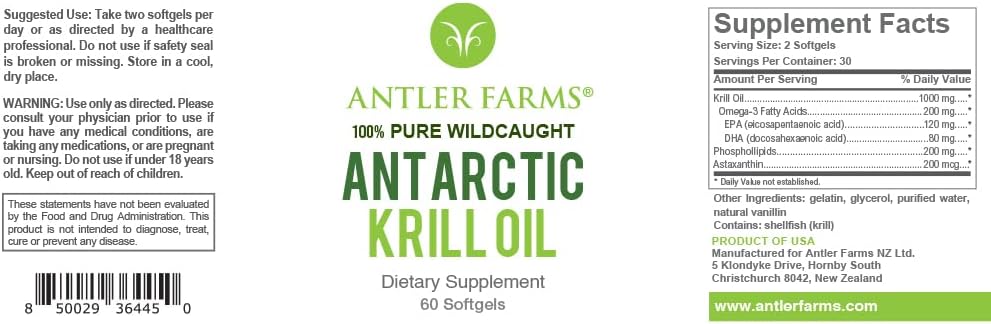 Antler Farms - 100% Pure Wild Caught Antarctica ulei Krill din apă rece, Pristine, 60 Softgels 