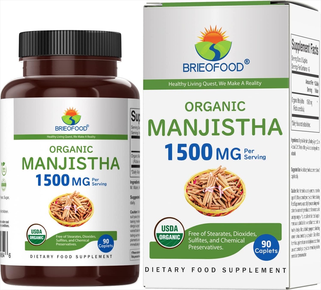 Brieofood Organic Manjista 1500mg, 45 Servings, Vegetarian, Gluten Free, 90 Vegetarian Tablets