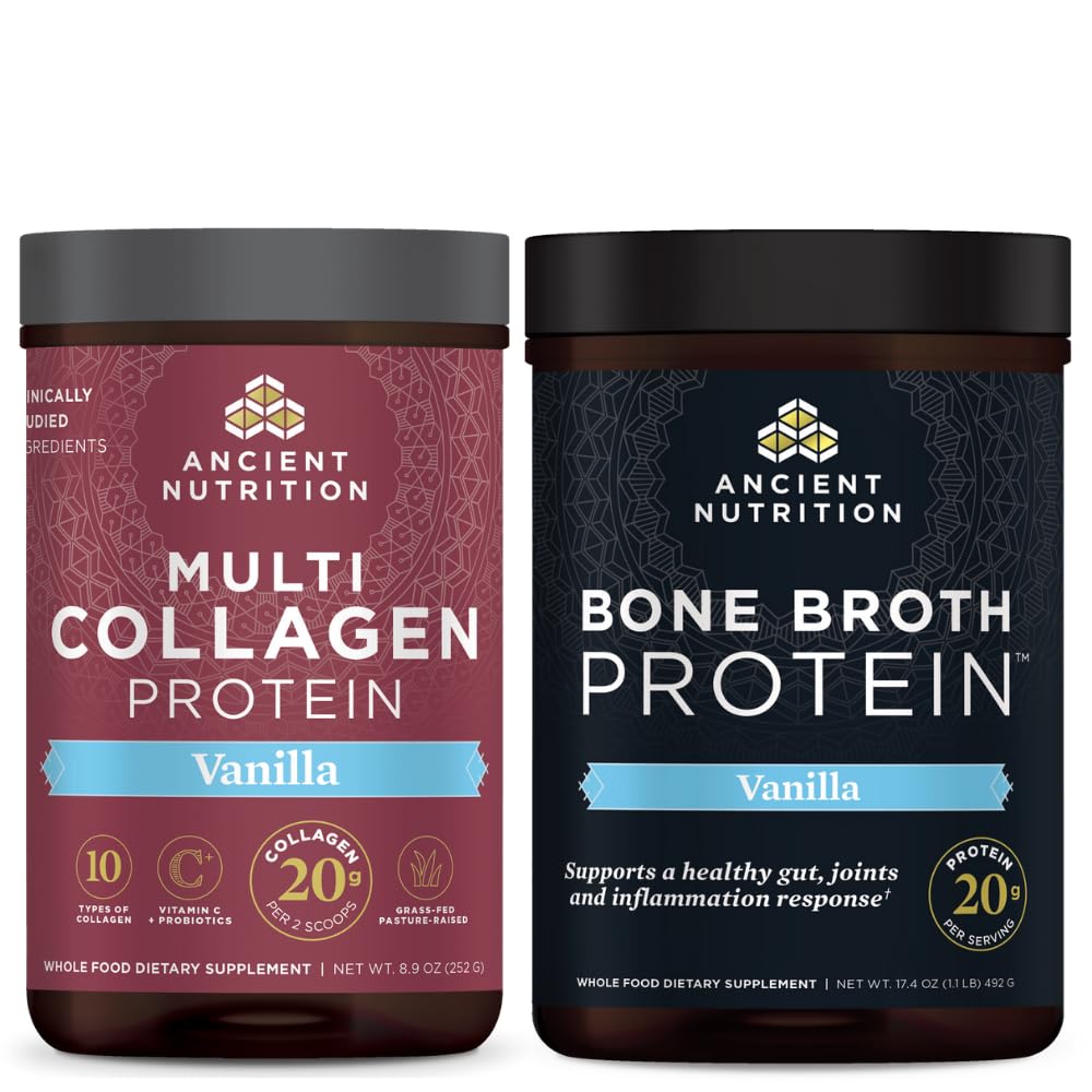 Nutritie antica Multi Colagen Pulbere Proteina, Vanilie, 24 Serviri + Broth Proteine Pulbere, Vanilie, 20 Serviri