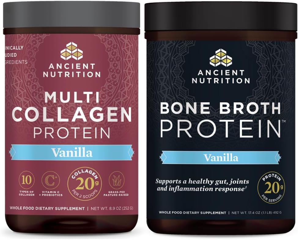 Nutritie antica Multi Colagen Pulbere Proteina, Vanilie, 24 Serviri + Broth Proteine Pulbere, Vanilie, 20 Serviri