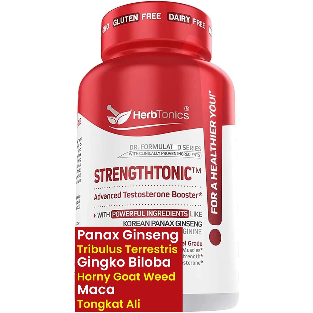 Herbtonics Testosteron Supplement de suport pentru bărbaţi - Coreeană Panax Ginseng & Tribulus Terrestris - Sprijină Energie sănătoasă, Putere & Rezistenţă - 60 Capsule Vegane