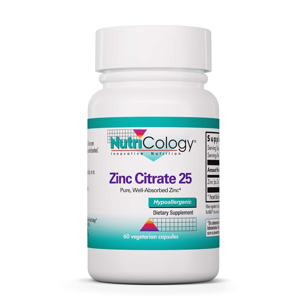 Nutricologie Zinc Citrat Supliment - 25mg Zinc pentru bărbați și femei, Suport imunitar, Pure, bine-absorbite, bine tolerate, Trace Minerale, Capsule vegetariene - 60 Conte