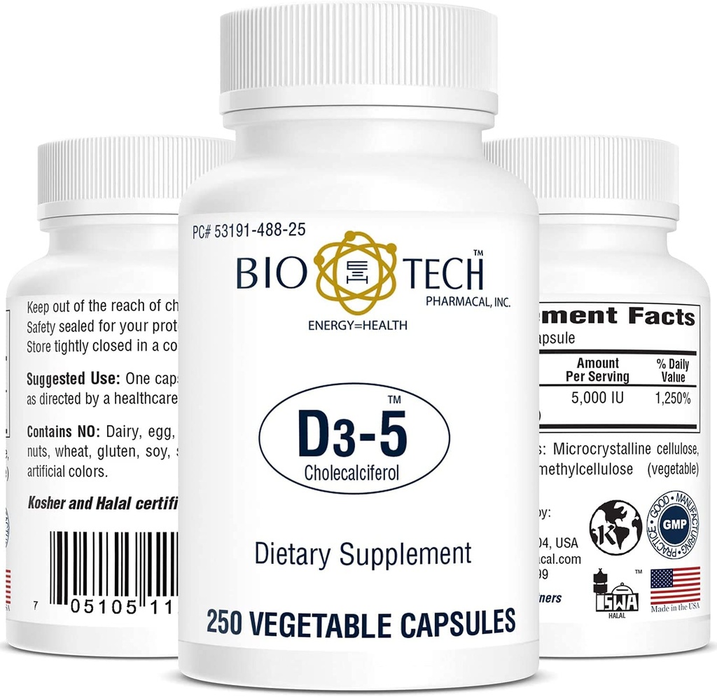 Vitamina D3 (D3-5 5k UI, 250 Veg)