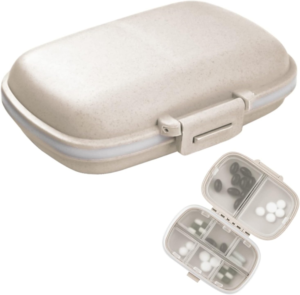 1Pack Travel Pill Organizator, 8 Compartimente Caz pilula portabil, cutie pilula mica pentru Pocket Purse Portable Medicine Vitamina Container Bej
