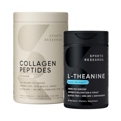 Cercetare sportivă Colagen Peptides Hidrolized Tip 1 & 3 Pulbere Suplimentul de proteine Easy Mixing Vital Nutrients & Proteine și Dublu Putere L-Theanină Supliment pentru Focus, Relaxare & Alertare