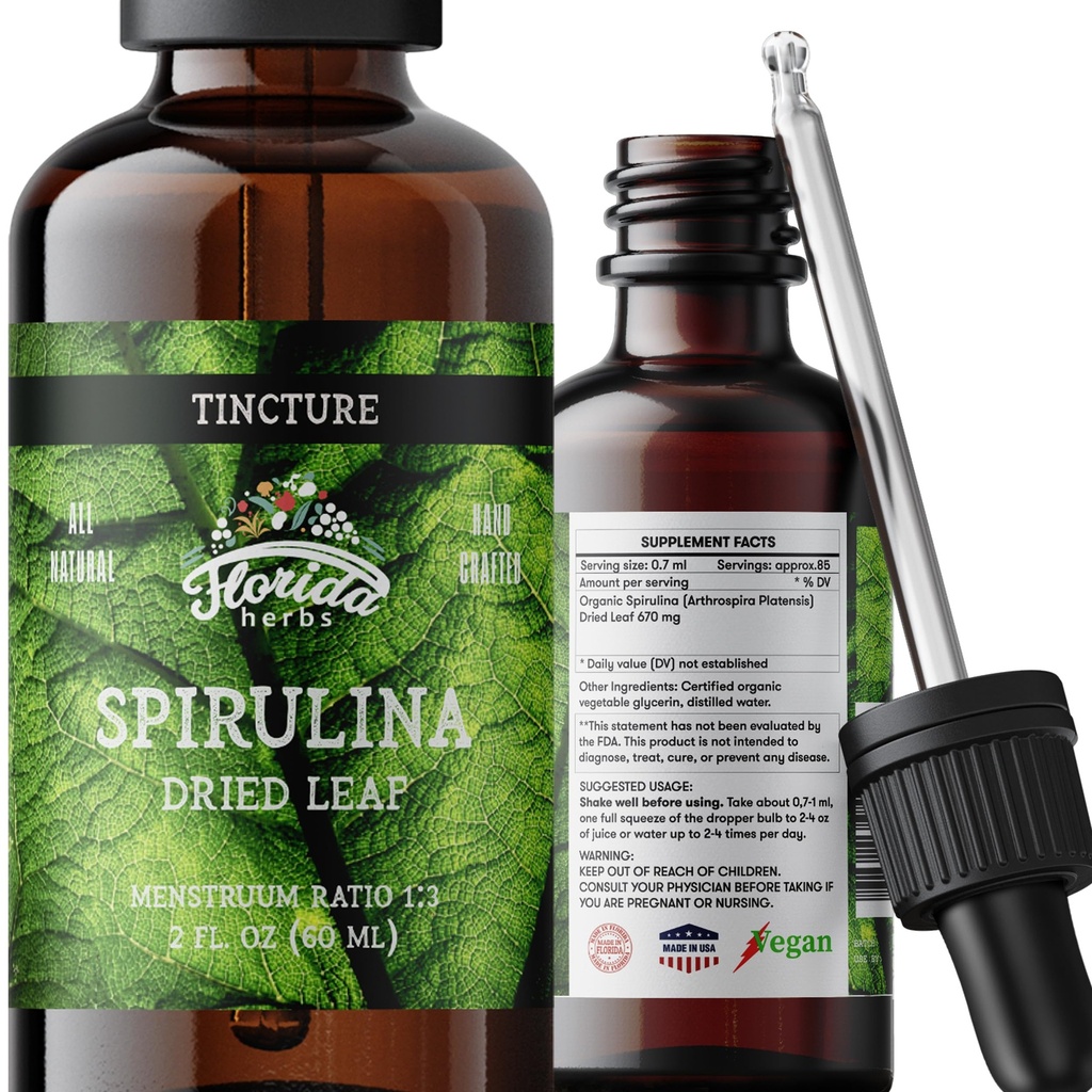 Spirulina Tincture, Extract de Spirulina organica (Arthrospira Platensis) Suplimentul vegetal, non-GMO in Glicerina organica presata la rece, 700 mg, 2 oz (60 ml)