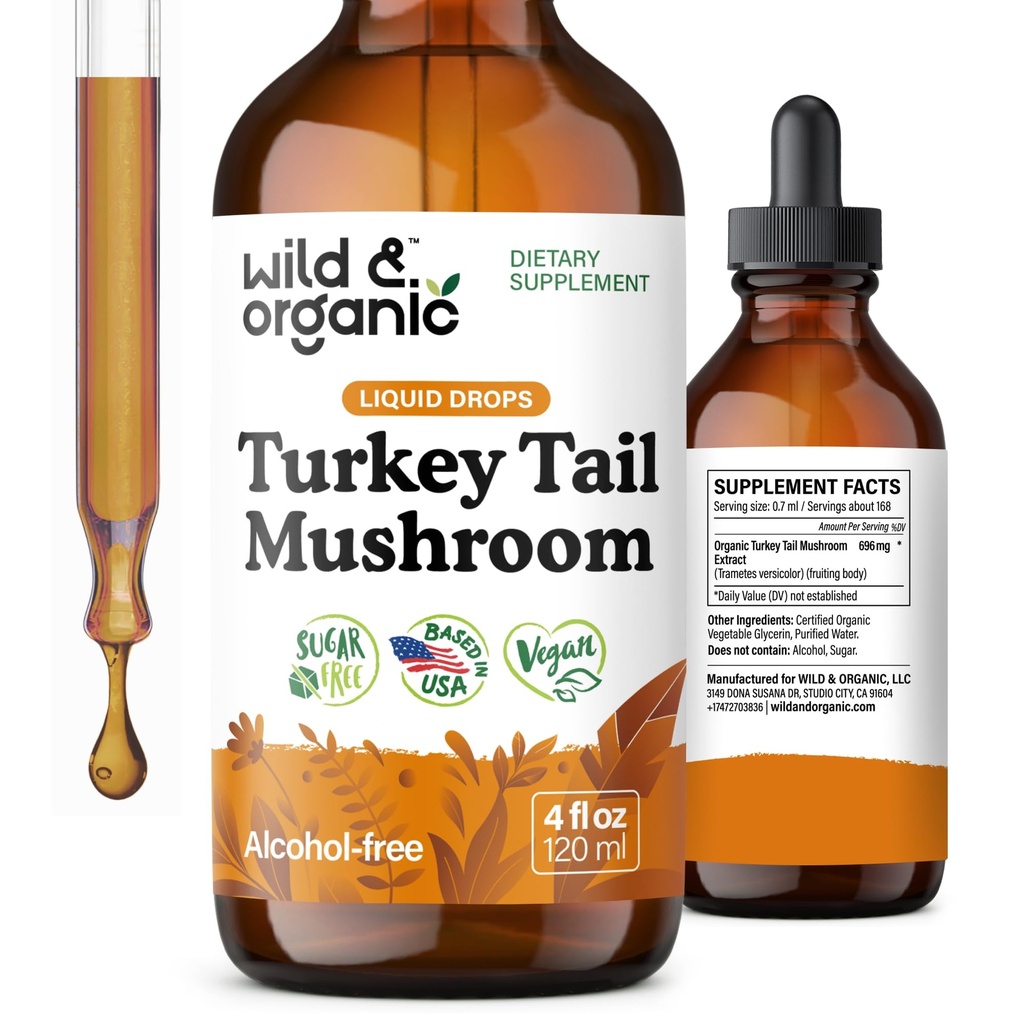 Wild & Organic Turkey Tail Mushroom Tincture - Immune Support Drops with Turkey Tail Extract - Liquid Mushroom Supplement for Gut Support - Vegan, Sugar & Alcool-Free - 4 fl oz