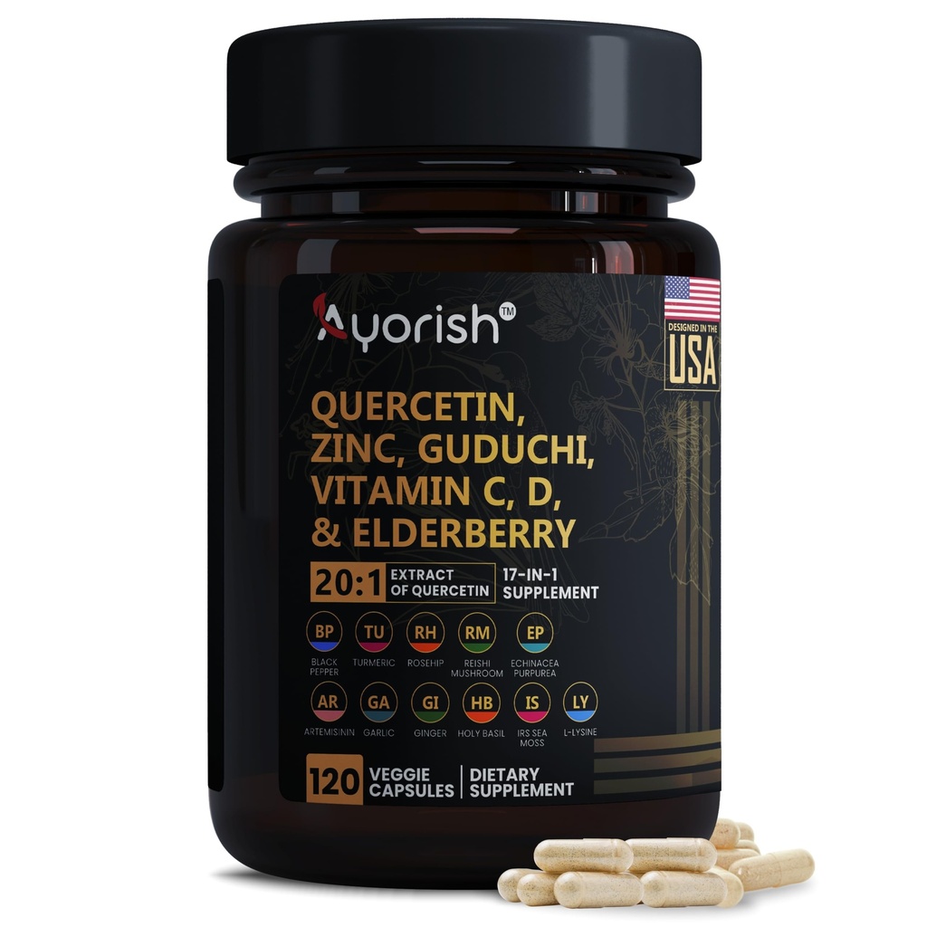 Querbetin Zinc Vitamina C Vitamina D Bromelain Elderberry - Lung Immune Supplement Adulți cu Artemisină, Moss de mare, Echinacea, Alergie Relief 120 Conte