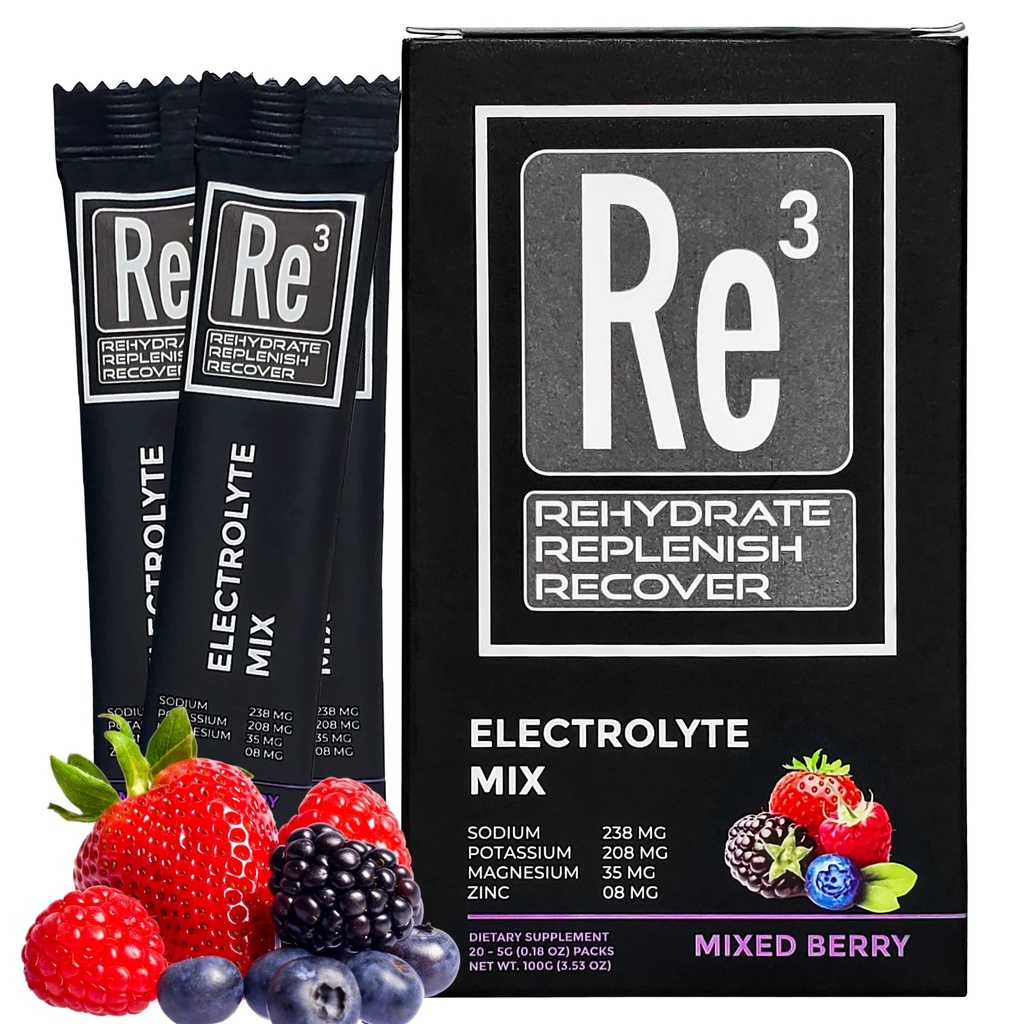 Re3 - Rehidratare - Recuperare Pachete cu pulbere electrolit. Fără zahăr, 7 Cal, 1.4 carbohidraţi. Cel mai bun amestec de vitamine și minerale (Berry amestecat)