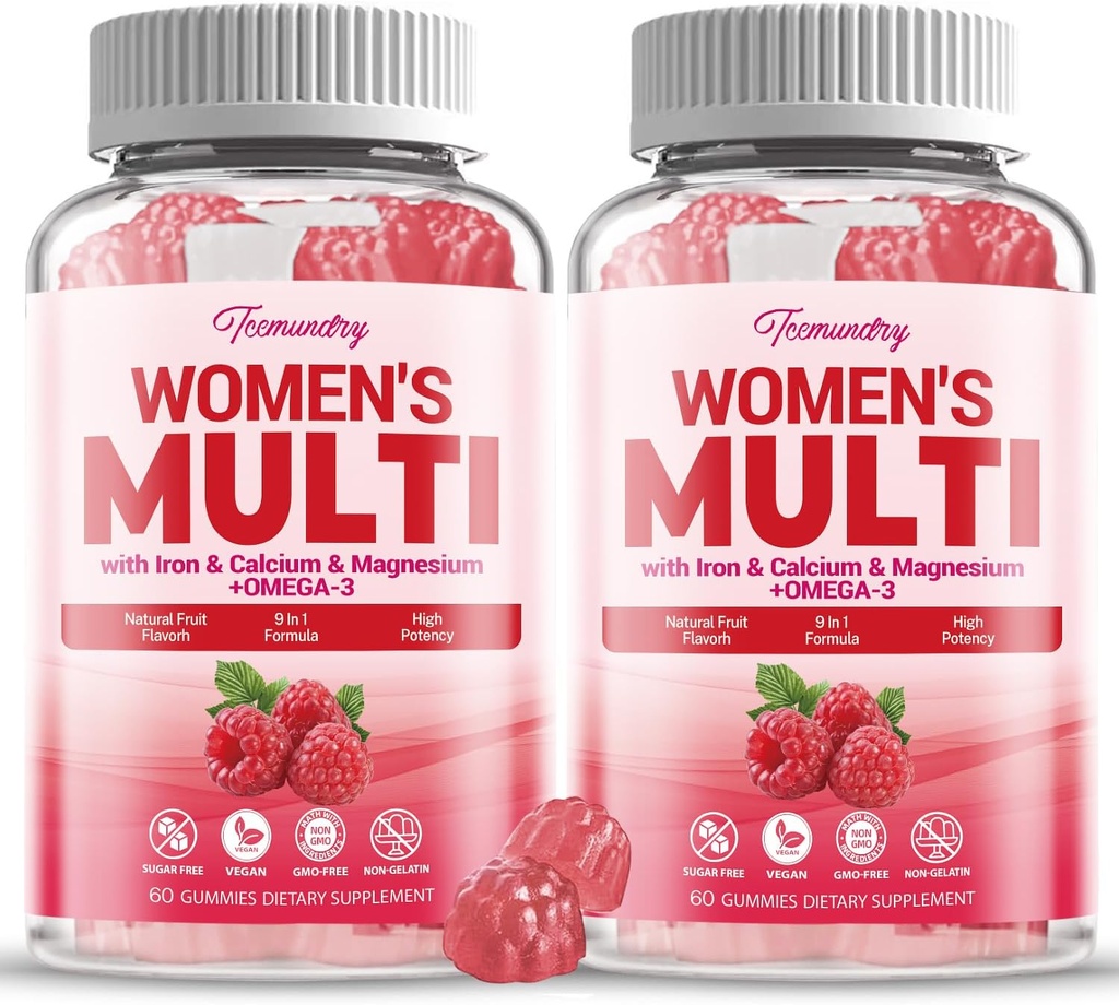Femei fără zahăr Gumiile multivitaminei - Multivitamine de mare absorbţie pentru femei Gummy cu Omega-3, Astaxantină, Calciu, Fier, Vitamina A, C, D3, K2, E, B6, B12 - Suporturi piele, păr, Energie, Imune