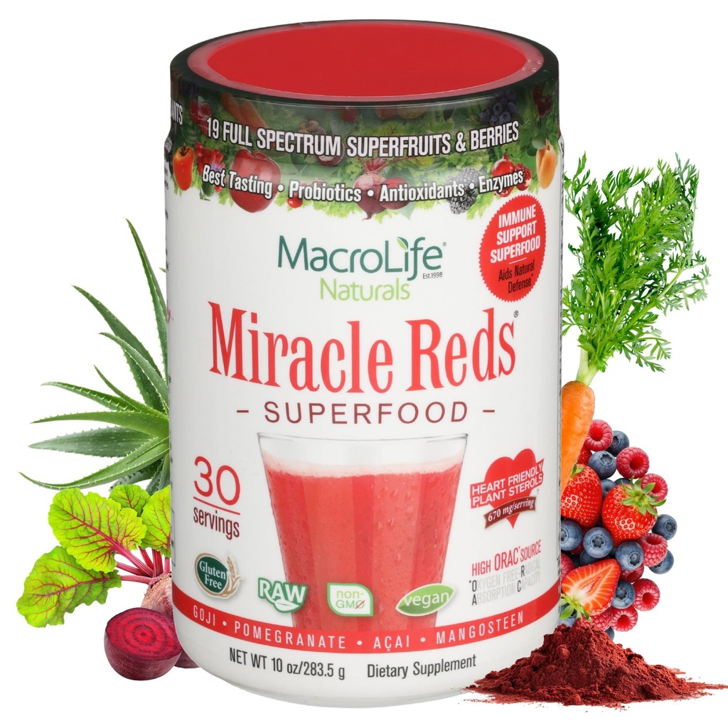 MacroLife Naturals Miracle Reds Super Food Supplement Powder Antioxidanți Polifenoli Enzime Probiotice - Vegan organic ne-GMO organic Gluten & lactate gratuit (30 Serviri)