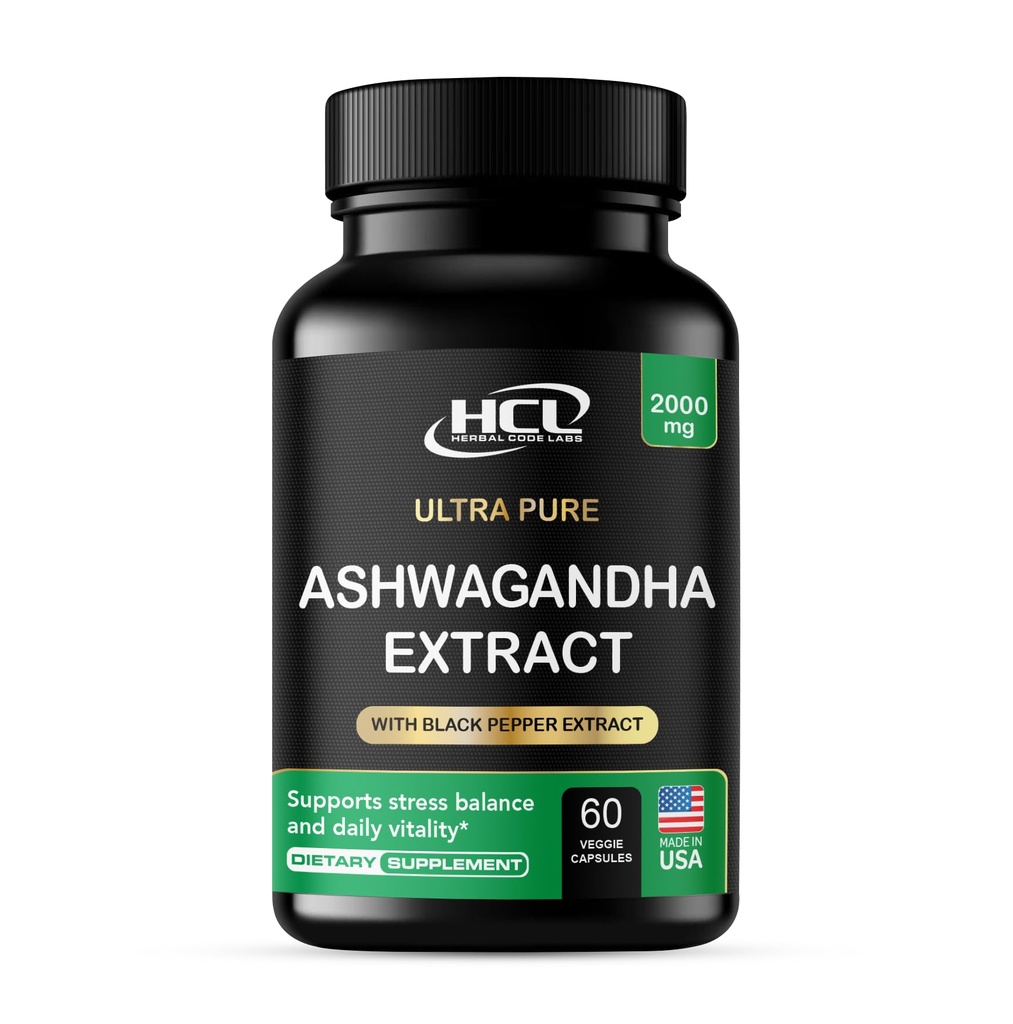 Capsule organice Ashwagandha 2000 MG Root Powder Extract cu Black Pepper & Lemon Balm 2 Luna de aprovizionare - Mod natural de a elimina stresul