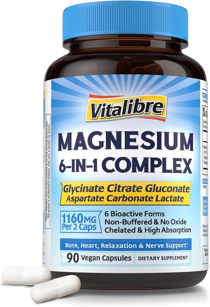 Complex de magneziu Suplimentul 6 în 1, 1160 mg Magneziu Chelated pentru Absorbţie maximă, Ajutor cu somn mai bun, Relaxare & Nervi calm, 90 Capsule Vegane, fără OMG & Gluten gratuit