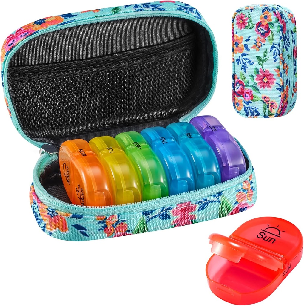 Serfeymi Weekly Travel Pill Organizator 2 Times A Day AM PM Upgraded Rainbow Pill Box 7 Ziua cu Portable Zipper Canvas Pill Case, Medicina Organizator pentru pastile, vitamine, uleiuri de pește - Green 01