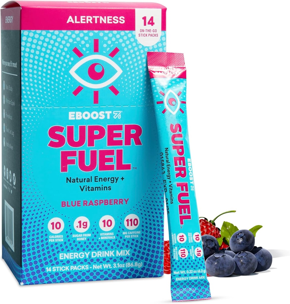 EBOOST Energetic Drink Powder, Super Fuel - Blue Raspberry, 14 Pachete - Pre-Workout Powder Energetic Drink Mix - Natural Energy, L-Tyrosine, L-Theanină & Vitamine - Preworkout pentru femei și bărbați pentru a merge