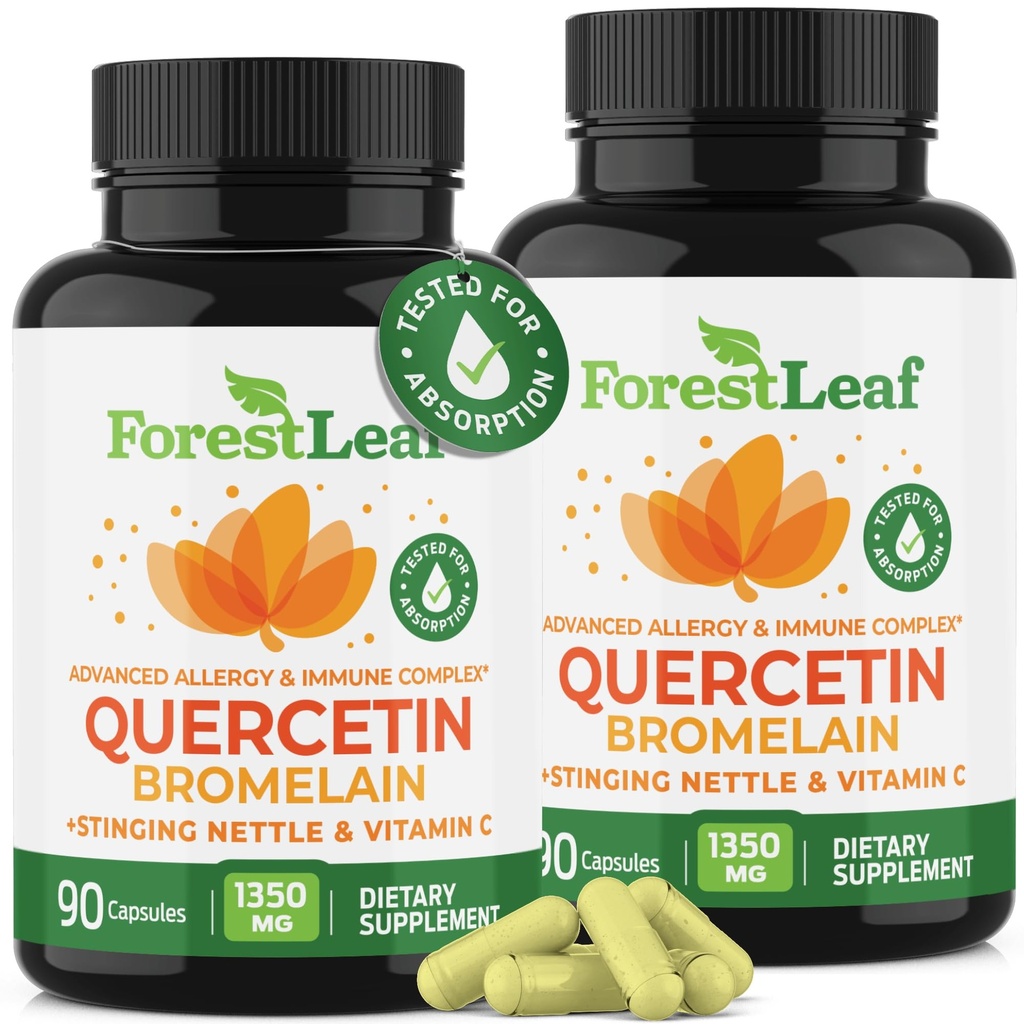 ForestLeaf Querbetin cu Bromelain - 1350 mg Blend cu vitamina C & Stinging Nettle, Advanced Querbetin 500 mg Supliment, Non-GMO Gluten gratuit, Natural Immune & Funcţia respiratorie 180 Capsule Veggie